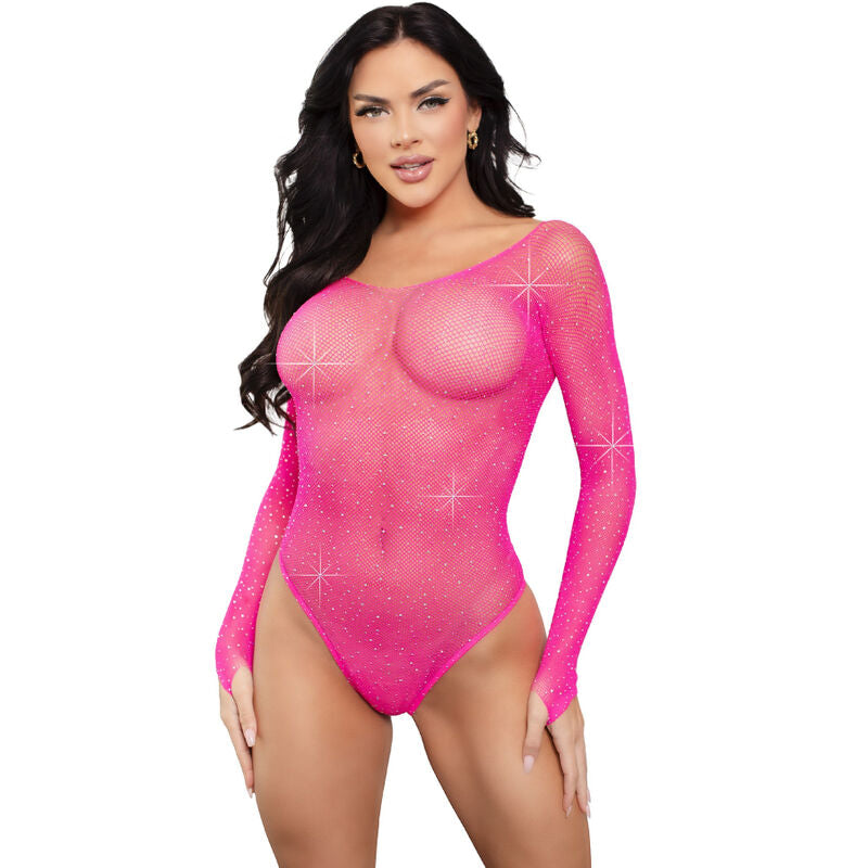 Leg avenue - body manica lunga cristallizzato fucsia