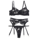 Subblime - set 3 pezzi reggiseno + perizoma + giarrettiera stampa floreale nero s/m