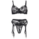 Subblime - set 3 pezzi reggiseno + perizoma + giarrettiera stampa floreale nero l/xl