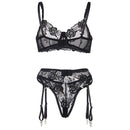 Subblime - set 3 pezzi reggiseno + perizoma + giarrettiera stampa floreale nero l/xl