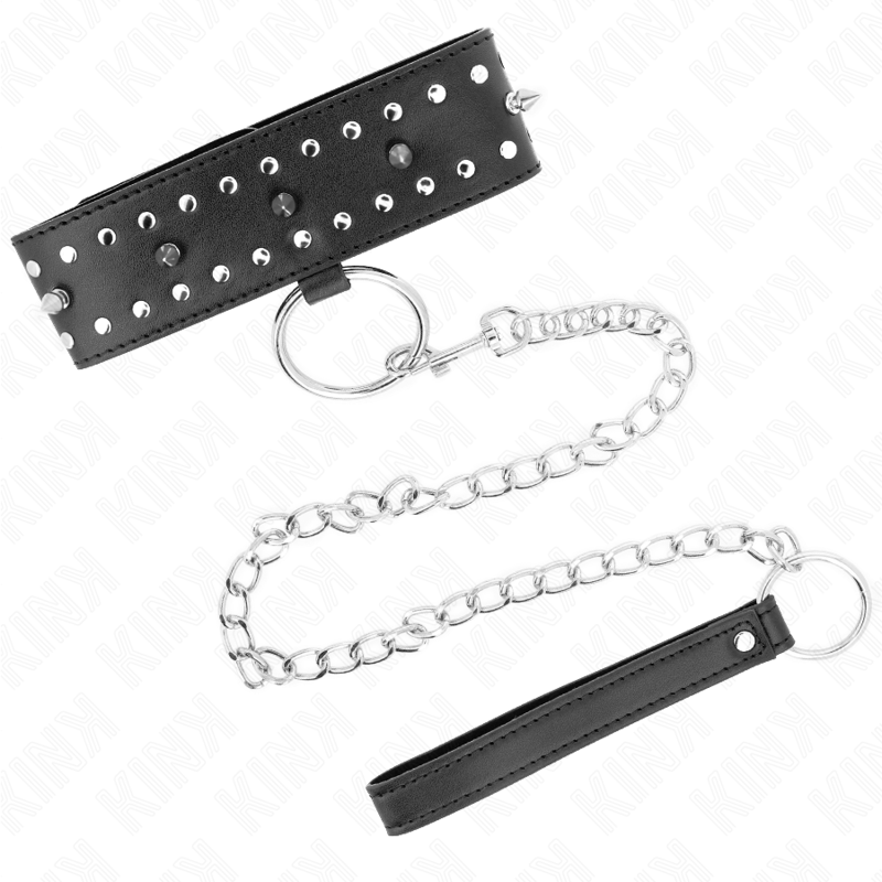 Kink - collana con guinzaglio 65 cm con borchie in argento modello 1 regolabile 36-43 cm x 5 cm