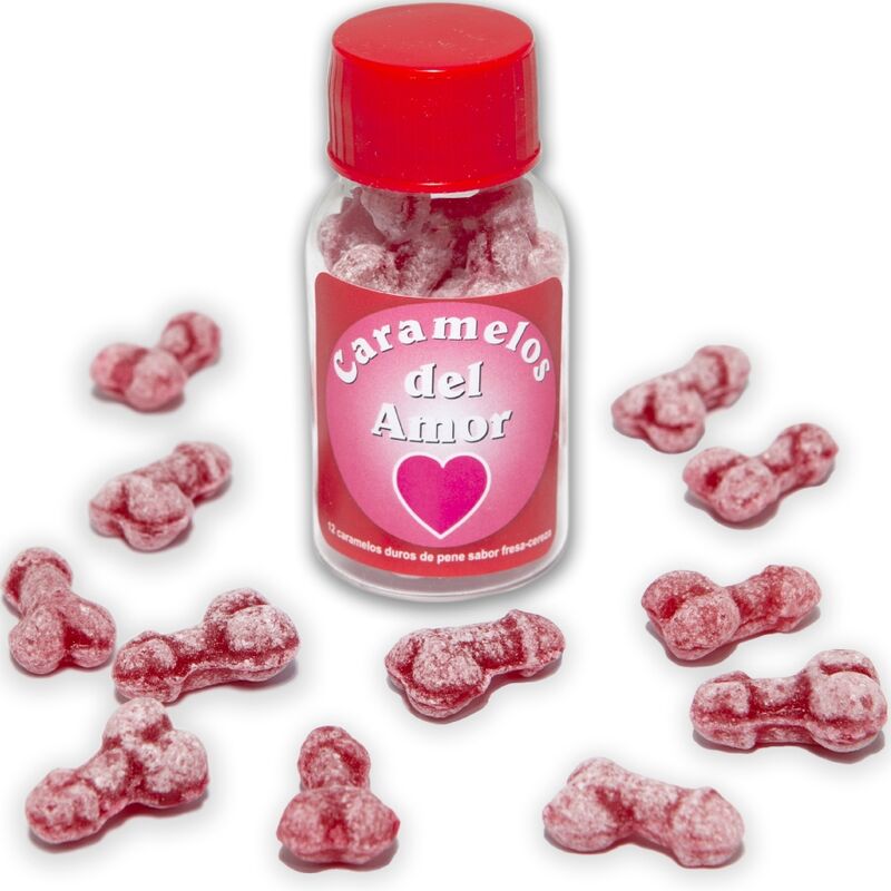 Diablo picante - 12 caramelle d'amore a forma di pene fragola/ciliegia