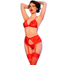 Chilirose - cr 4848 set reggiseno in pizzo rosso + perizoma + calze m
