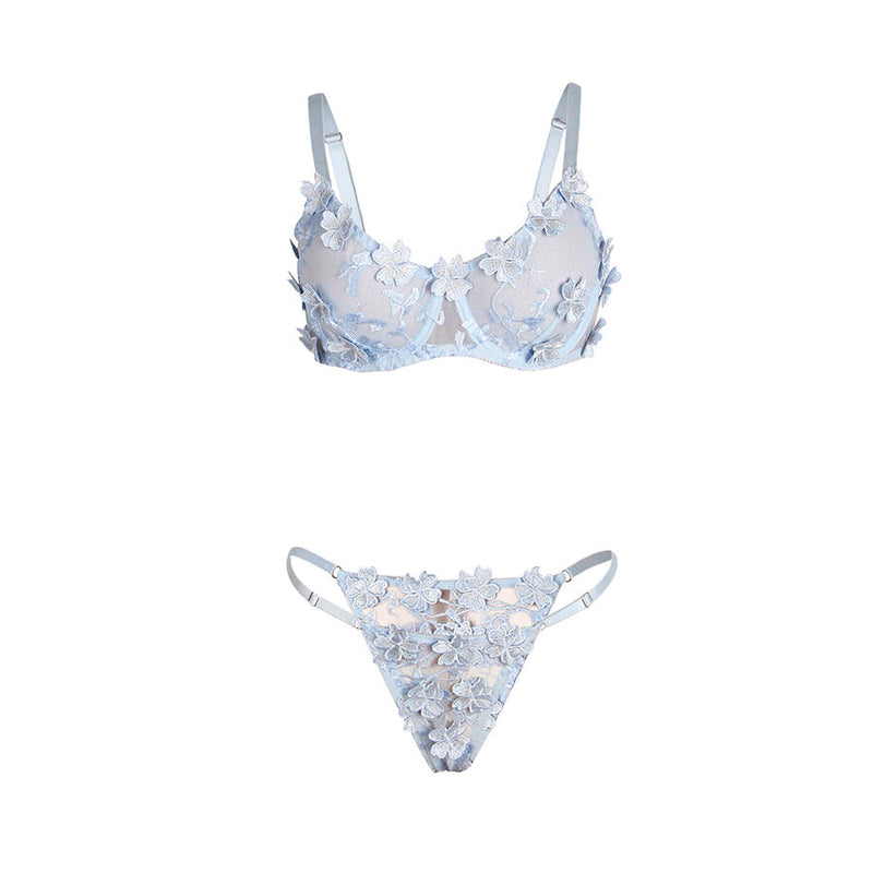 Subblime - 957629 completo reggiseno e slip ricamati a fiori azzurro cielo s/m