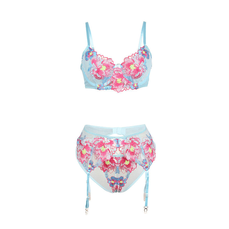 Subblime - 957643 set reggiseno e cintura ricamo fiori rosa s/m