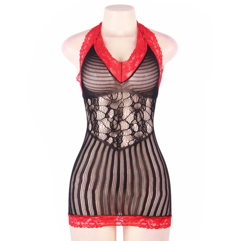 Queen lingerie crotchet mesh hollow out nero e rosso chemise sl-4