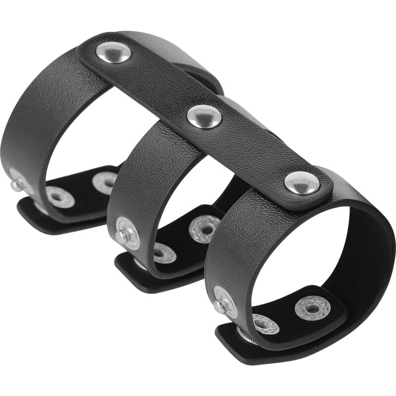 Darkness adjustable leather double  penis and testicles ring-1