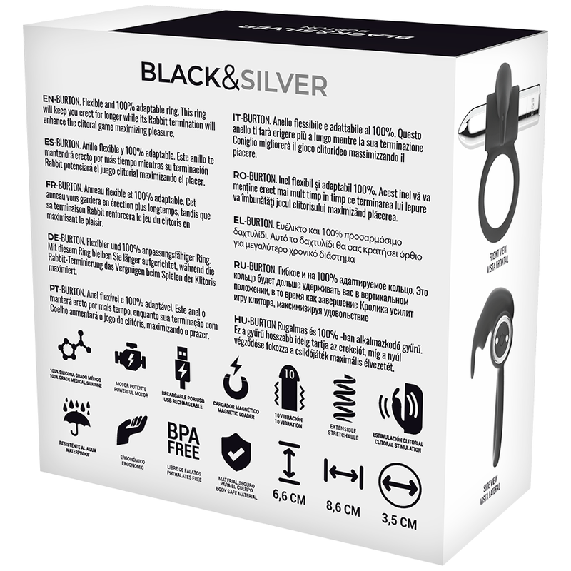 Black&silver burton rechargeable vibrating ring 10v-2